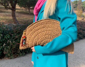 Handcrafted Crochet Straw Clutch: Boho Woven Bag with Turquoise Star