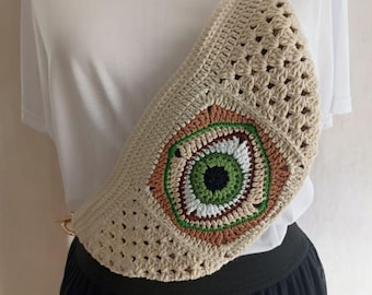 Torebka na ramię Evil Eye, ręcznie robiona torba w stylu boho w stylu babci, torebka na ramię szydełkowa, torebka festiwalowa, regulowany pasek, prezent dla niej