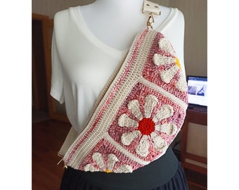 Pink Red Daisy Free Bag, Bohemian Granny Square Crochet Bum Bag Versatile Festival, Gift For Her, Fanny Bag and Everyday Accessory, Belt Bag