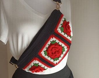 Rose Free Bag, Bohemian Granny Square Crochet Bum Bag Versatile Festival , Fanny Bag and Everyday Accessory, Gift For Her, Rose Crochet Bag