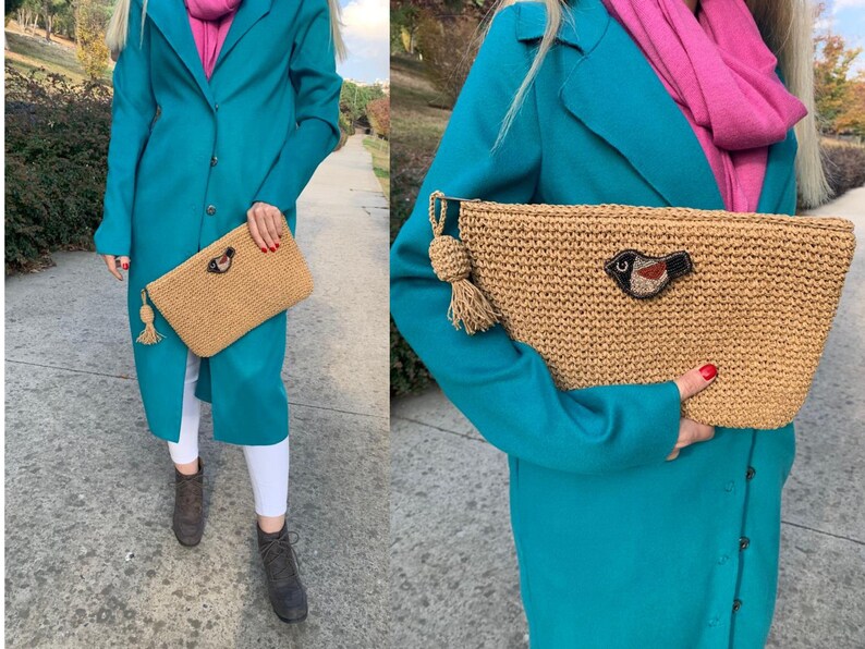 Luxury Paper Rope Clutch Tan, Straw Camel Purse, Handcrafted Clutch