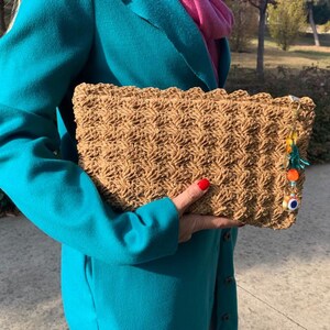 Gehäkelte Kupplung, Papierseil gestrickte Kupplung, Stroh gestrickte Geldbörse, Geschenk für sie, Sommertasche, Boho handgemachte Tasche gewebt, handgefertigte Modetasche