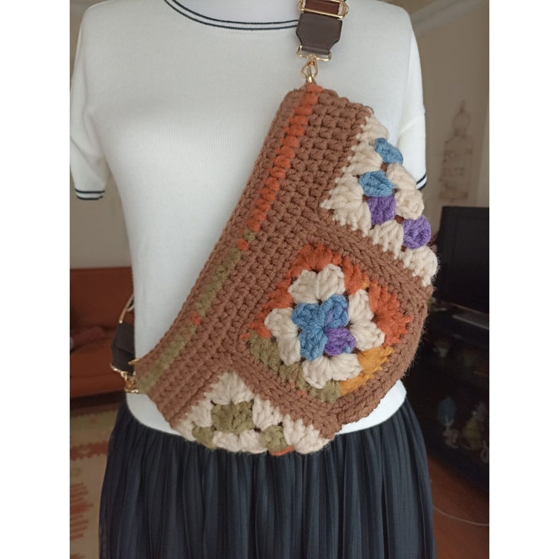 Winter Brown Free Bag Bohemian Granny Square Crochet Bum Bag Versatile