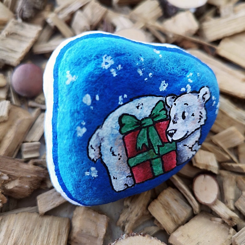 Painted Rock Polar Bear Snow Christmas Hand Painted - Etsy