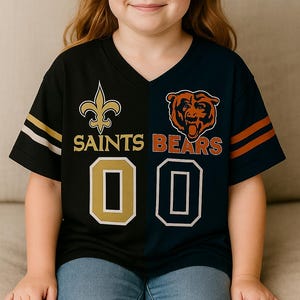 May include: A split-design jersey featuring the New Orleans Saints and Chicago Bears logos and colors. The jersey has the Saints fleur-de-lis and the Bears bear head logo. The number "00" is displayed on the front. The jersey is worn by a young girl.