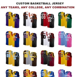 May include: A collection of custom basketball jerseys in various color combinations. Each jersey features a team name and number. The text at the top reads "CUSTOM BASKETBALL JERSEY ANY TEAMS, ANY COLLEGE, ANY COMBINATION."