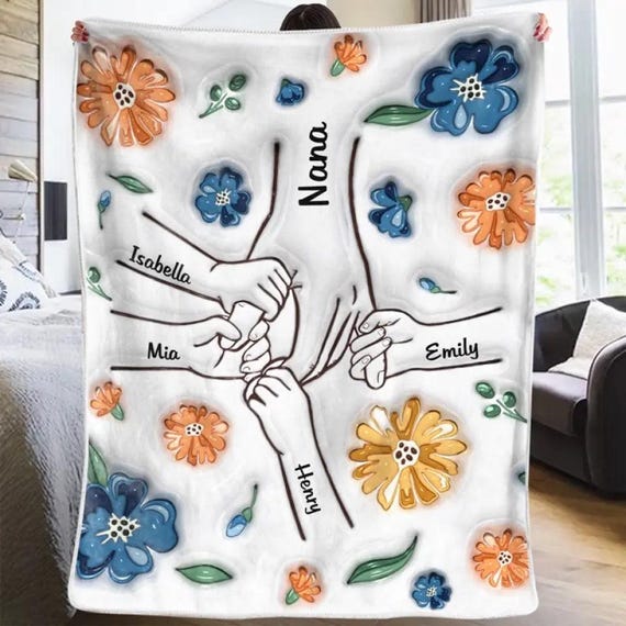 Personalized Holding Mom‘s Hand 3D Inflated Effect Blanket, Mother's Day Floral Blanket, Mothers Day Blanket For Mom, Gift For Mom