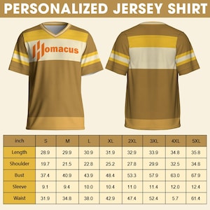 May include: A personalized jersey shirt with a V-neck design. The shirt is brown with yellow and white stripes on the sleeves and upper chest. The word "Homacus" is printed on the front. Size chart with measurements in inches is included.
