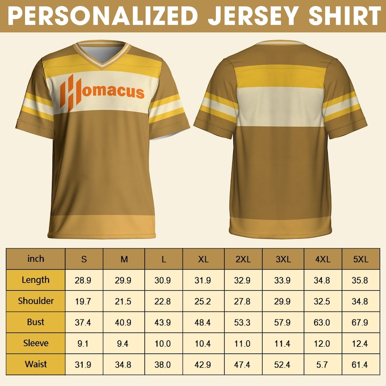 May include: A personalized jersey shirt with a V-neck design. The shirt is brown with yellow and white stripes on the sleeves and upper chest. The word "Homacus" is printed on the front. Size chart with measurements in inches is included.