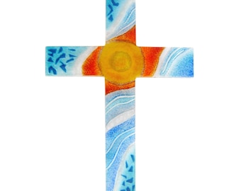 Glass cross "Light and water", 14,5 inch (36 cm)