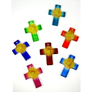 7 little Glass crosses blue several colors with sun, 2,75 inch (7 cm), Glaskreuze mini