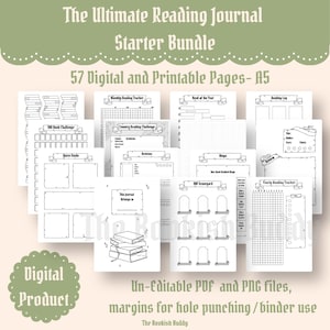 Può includere: Un pacchetto di pagine di diario di lettura stampabili con il testo "The Ultimate Reading Journal Starter Bundle". Le pagine includono tracker per libri, recensioni e sfide. Il prodotto è un download digitale con 57 pagine in formato A5.