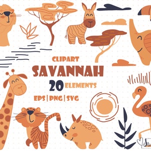 May include: A set of 20 digital clipart illustrations featuring animals and plants from the savanna. The illustrations are in a cartoon style and feature a lion, giraffe, zebra, elephant, rhino, flamingo, and a variety of plants. The illustrations are perfect for creating invitations, cards, and other crafts.