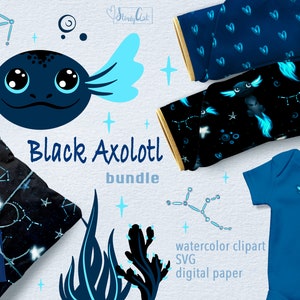 Watercolor axolotl clipart, axolotl svg files for cricut and blue digital paper - Axolotl bundle for commercial use