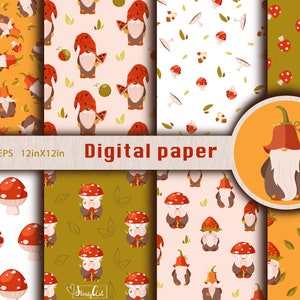 Garden gnome digital paper set, mгshrooms seamless pattern, kids digital background instant download, Personal and Commercial use