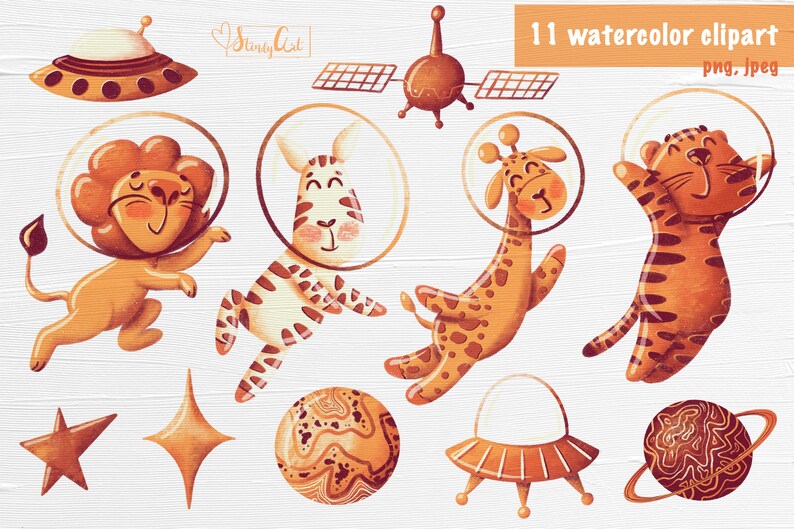 Watercolor Space Clipart, Space Animals Png, Cute Safari Animals in ...