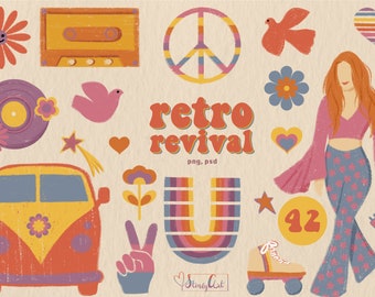 70s Retro Clipart: Groovy Flower Power PNG Bundle