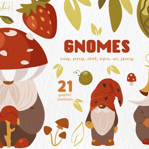 Mushroom Garden Gnome Clipart: Forest Gnomes SVG, PNG (Digital Download)