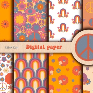 70s retro floral digital paper, groovy digital paper, retro background digital print, Hippie seamless pattern, vintage printables