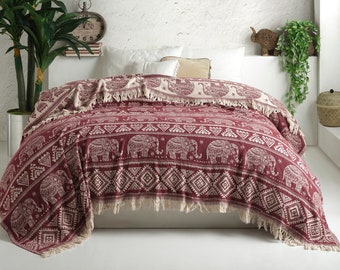 Woven Throw Blanket, Elephant Throw Blanket Couch, %100 Organic Cotton Throw Blanket