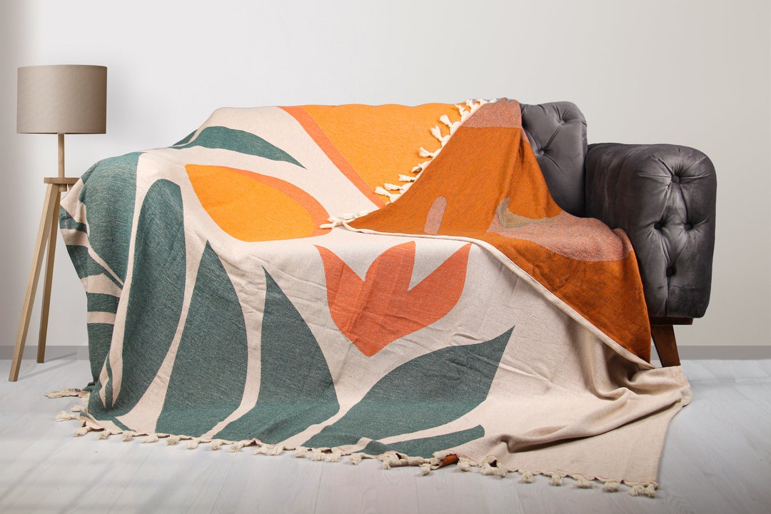 Woven Throw Blanket, Botanic Throw Blanket Couch, %100 Organic Cotton ...