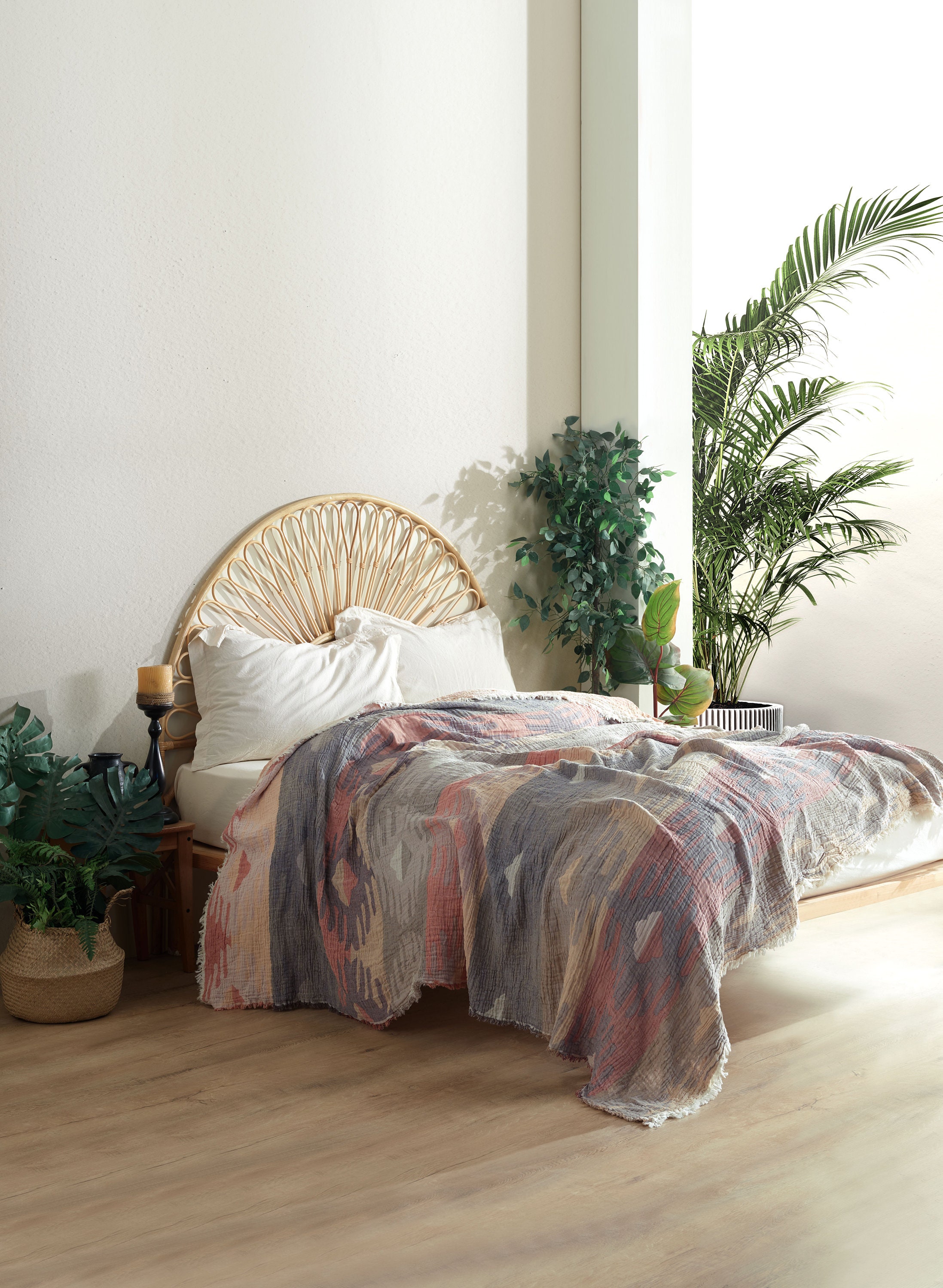 Cotton Beige Boho Throw Blanket