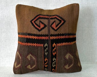 Ethnic Kilim Pillow, Turkish Kilim Pillow,Vintage Kilim Pillow, Kilim Cushion Cover,Throw Pillow, Tribal Pillow, Cushion Cover 16x16 No:0599