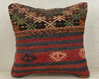 Ethnic Kilim Pillow, Turkish Kilim Pillow,Vintage Kilim Pillow, Kilim Cushion Cover,Throw Pillow, Tribal Pillow, Cushion Cover 16x16 No:6208