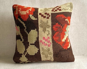 Turkish Kilim Pillow, 16x16 Kilim Pillow, Decorative Throw Pillow, Boho Decor, Sofa Accent Pillow, Kilim Cushion Cover, Pillow No:0510