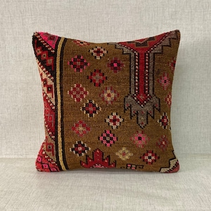 Anatolian Pillow, 16x16 Pillow Cover,  Vintage Pillow Cover, Handmade Pillow,Turkish Kilim Pillow, Kilim Pillow Cover,Antique Pillow No:0762