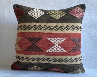 Turkish Kilim Pillow, 20x20 Bohemian Kilim Pillow, Decorative Turkish Kilim Pillow, Handwoven Kilim Pillow, Home Decor, Pillow Cover No:1063