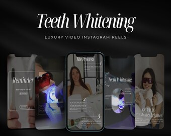 May include: Four phone screens showing different aspects of teeth whitening. The first screen says "Reminder" and "Book today for 10% off". The second screen shows a person getting their teeth whitened. The third screen says "The Process" and shows steps 1, 2, and 3. The fourth screen says "Teeth Whitening" and "Go up to 3-7 shades brighter".