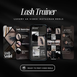 Könnte beinhalten: Eine Collage von Telefonbildschirmen, die einen Wimpern-Trainingskurs präsentieren. Die Bildschirme zeigen Bilder von Wimpern, Text über Wimpern-Meisterkurse, Anfängerkurse und Bewertungen von Schülern. Der Text auf den Bildschirmen umfasst "Lash Masterclass", "Jetzt anmelden!" , "Lernen Sie all meine Geheimnisse", "Anfängerkurs", "Bewertungen von meinen Schülern" und "Bereit, Video-Reels zu posten".