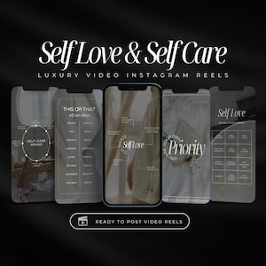 May include: A set of four Instagram story templates for self-care and self-love. The templates feature a white background with black text and graphics. The text includes phrases like "Self-Care Means", "This or That", "Cultivate Self-Love", "You Are Your Own Priority", and "Self-Love Bingo Challenge".