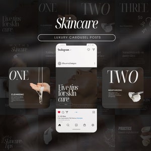 May include: A black and white Instagram post with the text "Five tips for skin care" and a photo of a person's face with a white cream on their hand. The post is part of a carousel of skincare tips.
