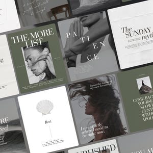 May include: A collection of digital social media templates featuring a muted colour palette of olive green, white, and grey. The designs include typography, photographic portraits, and minimalist illustrations of a seashell, with inspirational text.