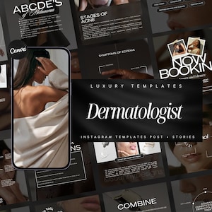 May include: A black and white graphic design template for a dermatologist's Instagram page. The template features the text "Dermatologist" in a bold, white font. The template also includes the text "Instagram Templates Post + Stories" in a smaller, white font. The template is designed to be used for promoting a dermatologist's services.