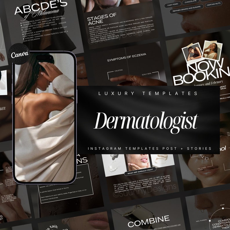 May include: A black and white graphic design template for a dermatologist's Instagram page. The template features the text "Dermatologist" in a bold, white font. The template also includes the text "Instagram Templates Post + Stories" in a smaller, white font. The template is designed to be used for promoting a dermatologist's services.