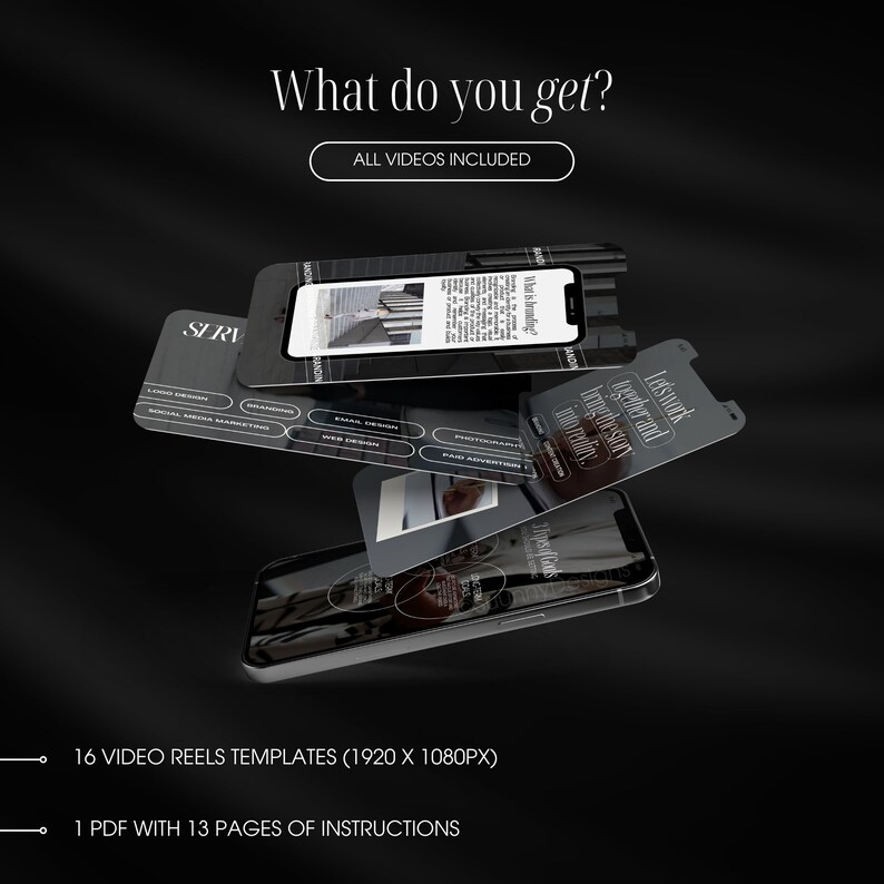 May include: A digital marketing presentation with a black background. The image features several smartphones and cards with text like "What do you get?" and "All videos included." The presentation includes 16 video reel templates and a 13-page PDF.