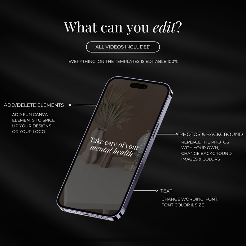 May include: A smartphone with the text "Take care of your mental health" on the screen. The image highlights editable features: add/delete elements, photos & background, and text. The background is dark with white text.