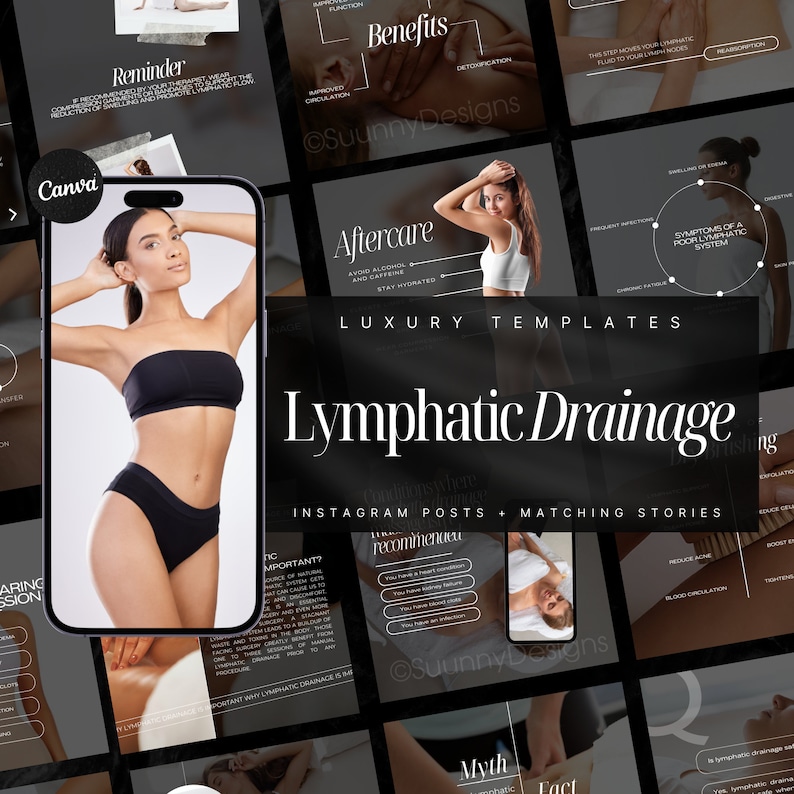 May include: A collage of Instagram post templates for promoting lymphatic drainage services. The templates feature a woman in a black bikini, a hand receiving a massage, and text about the benefits of lymphatic drainage. The text includes "Lymphatic Drainage", "Benefits", "Aftercare", "Reminder", "Myth", "Fact", "Symptoms of a Poor Lymphatic System", and "Important?"