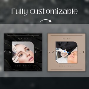 May include: Two social media sale graphics with a 10% off discount. The graphics feature a black and white marble background and a beige background. Both graphics feature a woman receiving a facial treatment. The text "SALE" is written in white on a black background and a beige background. The text "BOOK TODAY" is written in white on a black background and a beige background.