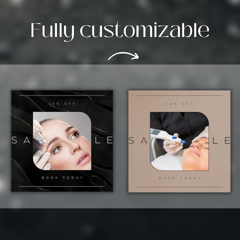 May include: Two social media sale graphics with a 10% off discount. The graphics feature a black and white marble background and a beige background. Both graphics feature a woman receiving a facial treatment. The text "SALE" is written in white on a black background and a beige background. The text "BOOK TODAY" is written in white on a black background and a beige background.
