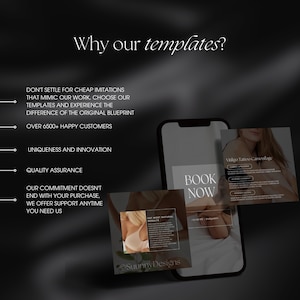 Może przedstawiać: Ekran telefonu wyświetlający szablon projektu graficznego dla firmy. Szablon zawiera czarno-białe zdjęcie kobiety z tekstem "Vitiligo Tattoo Camouflage" i "Zarezerwuj teraz". Tekst "Dlaczego nasze szablony?" jest wyświetlany po lewej stronie obrazu.