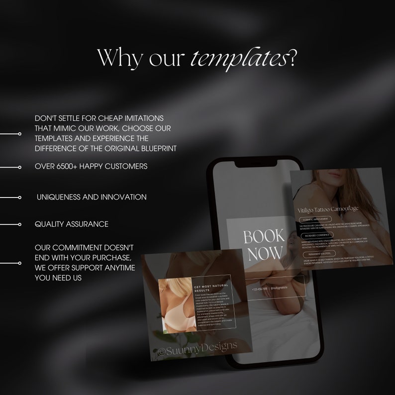 Może przedstawiać: Ekran telefonu wyświetlający szablon projektu graficznego dla firmy. Szablon zawiera czarno-białe zdjęcie kobiety z tekstem "Vitiligo Tattoo Camouflage" i "Zarezerwuj teraz". Tekst "Dlaczego nasze szablony?" jest wyświetlany po lewej stronie obrazu.