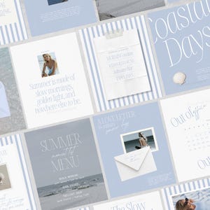 May include: A collection of digital graphic templates featuring a light blue and white striped theme. The designs include text such as Coastal Days, Summer Checklist, Summer Moment List Menu, and Out of Office, alongside photographs of beach scenes.