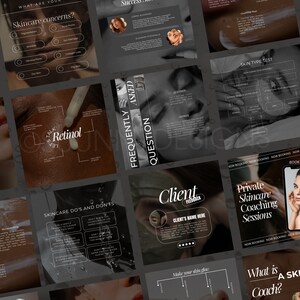 Puede incluir: Un collage de im&aacute;genes que promocionan servicios de cuidado de la piel. Las im&aacute;genes incluyen texto sobre las preocupaciones de cuidado de la piel, preguntas frecuentes, comentarios de clientes y sesiones de coaching privadas de cuidado de la piel. Las im&aacute;genes tambi&eacute;n muestran el rostro de una mujer con un producto de cuidado de la piel aplicado.