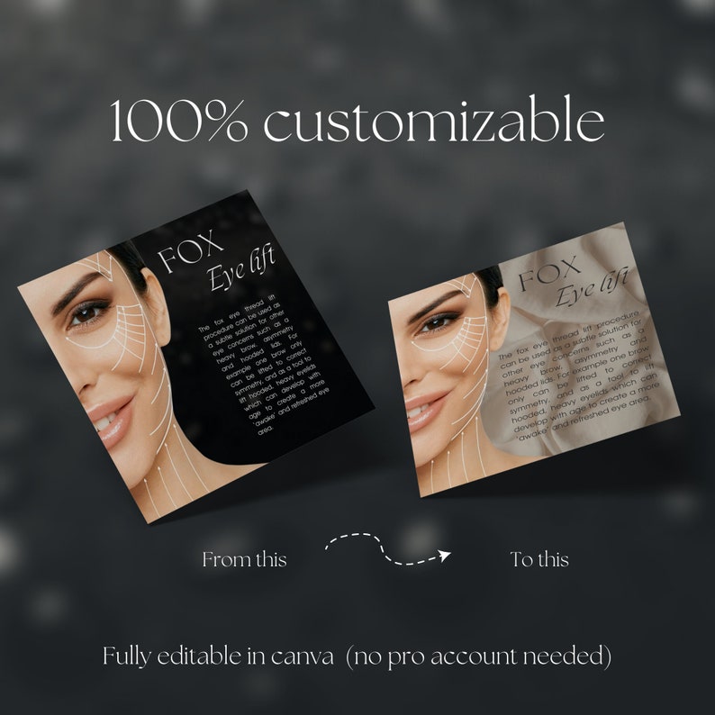 May include: A before and after image showing the results of a fox eye lift procedure. The image on the left shows a woman with hooded eyelids and the image on the right shows the same woman with lifted eyelids. The text "FOX Eye lift" is displayed on both images.