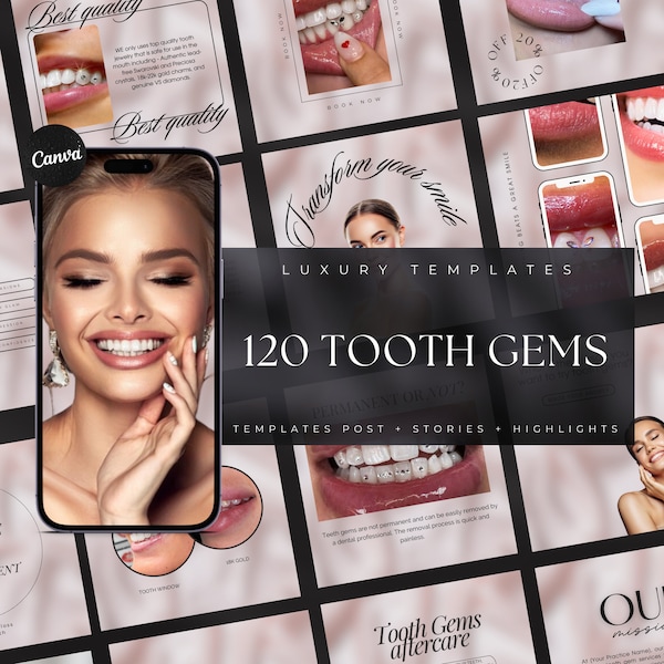 120 Pink Tooth Gem Instagram Templates | Tooth jewelry Posts | Tooth Charms Social Media Post Template | Dental Jewelry Instagram Template