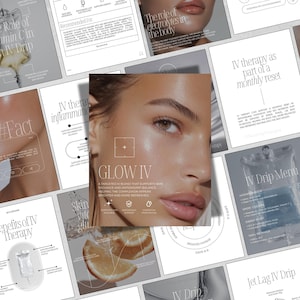 Può includere: Un collage di immagini che promuovono trattamenti di terapia IV. L'immagine centrale presenta un primo piano del viso di una persona con il testo "GLOW IV". Le immagini circostanti mostrano i dettagli sui benefici, gli ingredienti e le opzioni di trattamento. Il tema generale è la salute e il benessere.